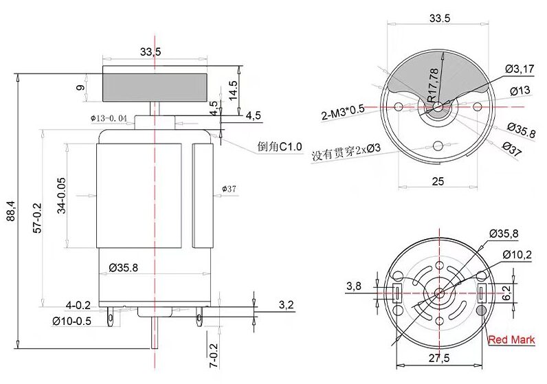 36mm ERM Single Shaft Electric Motor - 57mm Type Model TSL-SH555-FS drawing