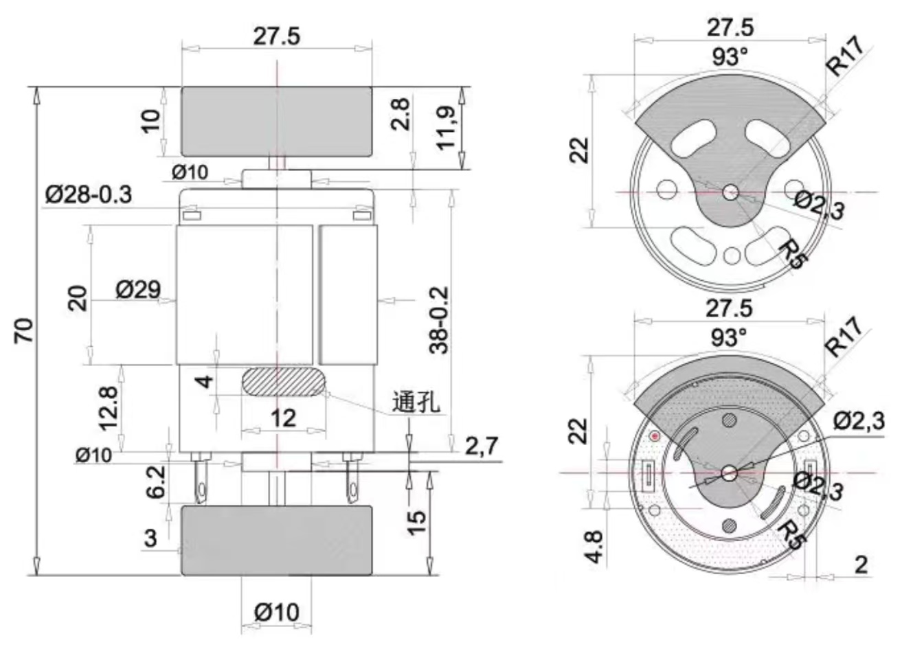 29mm Strong Vibration Motor - 37mm Type Model TSL-DH385-FS drawing