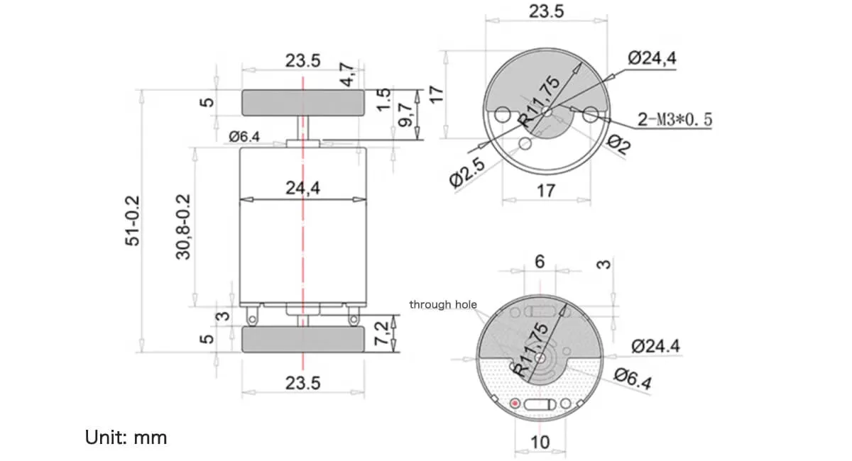 24mm Shape Double Heads Vibration Motor - 30mm Type Model TSL-DH370-DF drawing