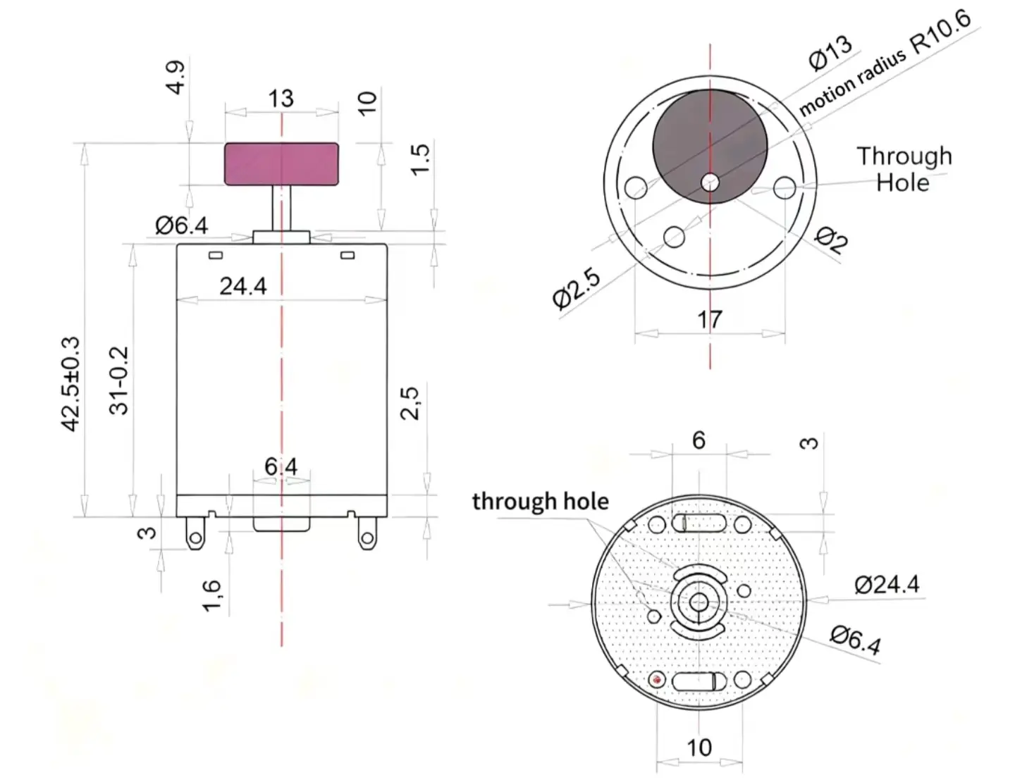 24mm Single Copper Head Vibrating Motor 30mm Model TSL R 370 COSR outline drawig