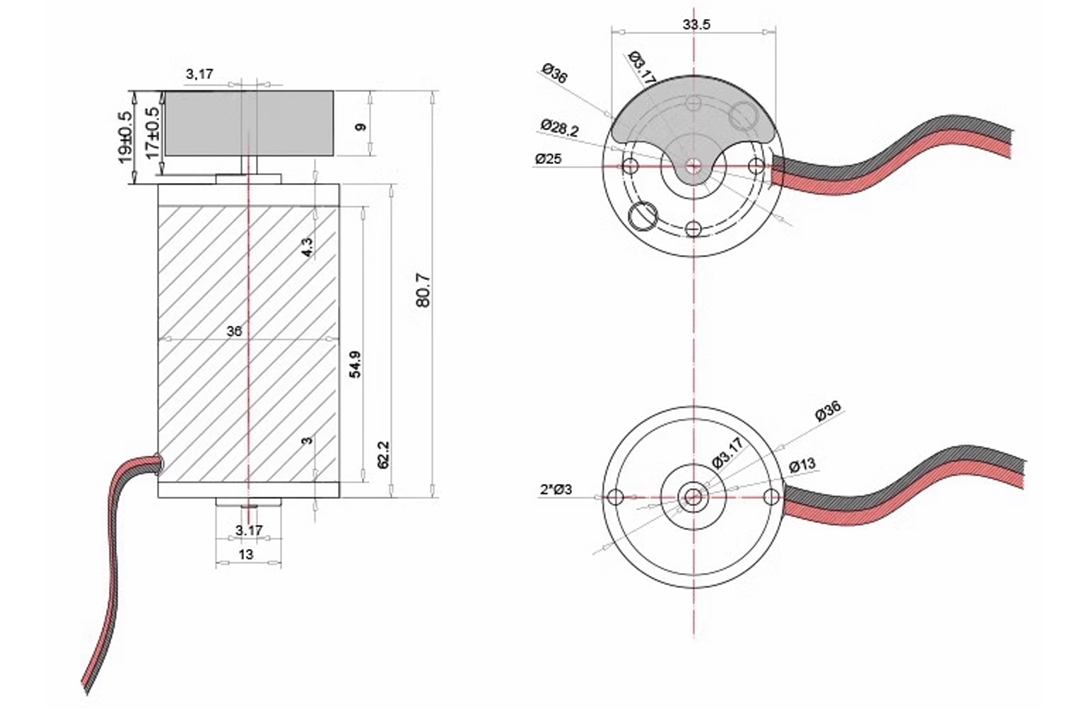 36mm ERM Vibration Motor - 62mm Type Model TSL-R-36ZY-CE drawing2