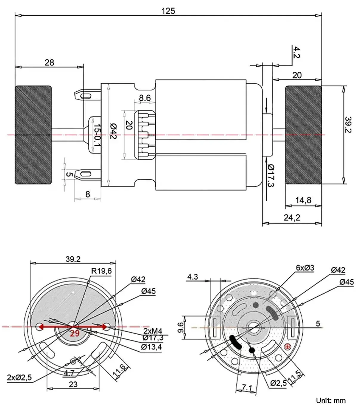 45mm ERM Vibration Motor - 60mm Type Model TSL-RS-775DHV dimension