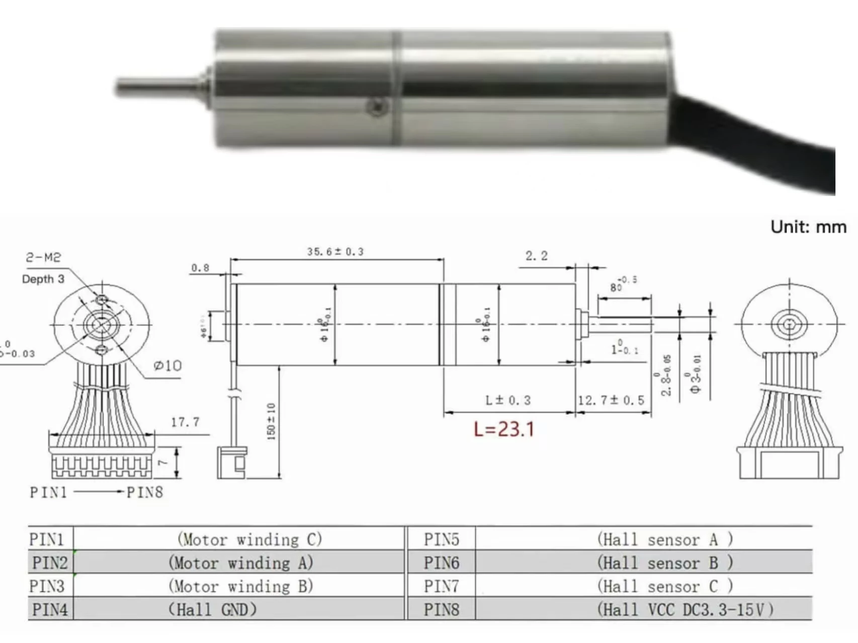 16mm 7.4V brushless dc coreless gear motor tsl bl1635gm1623 drawing