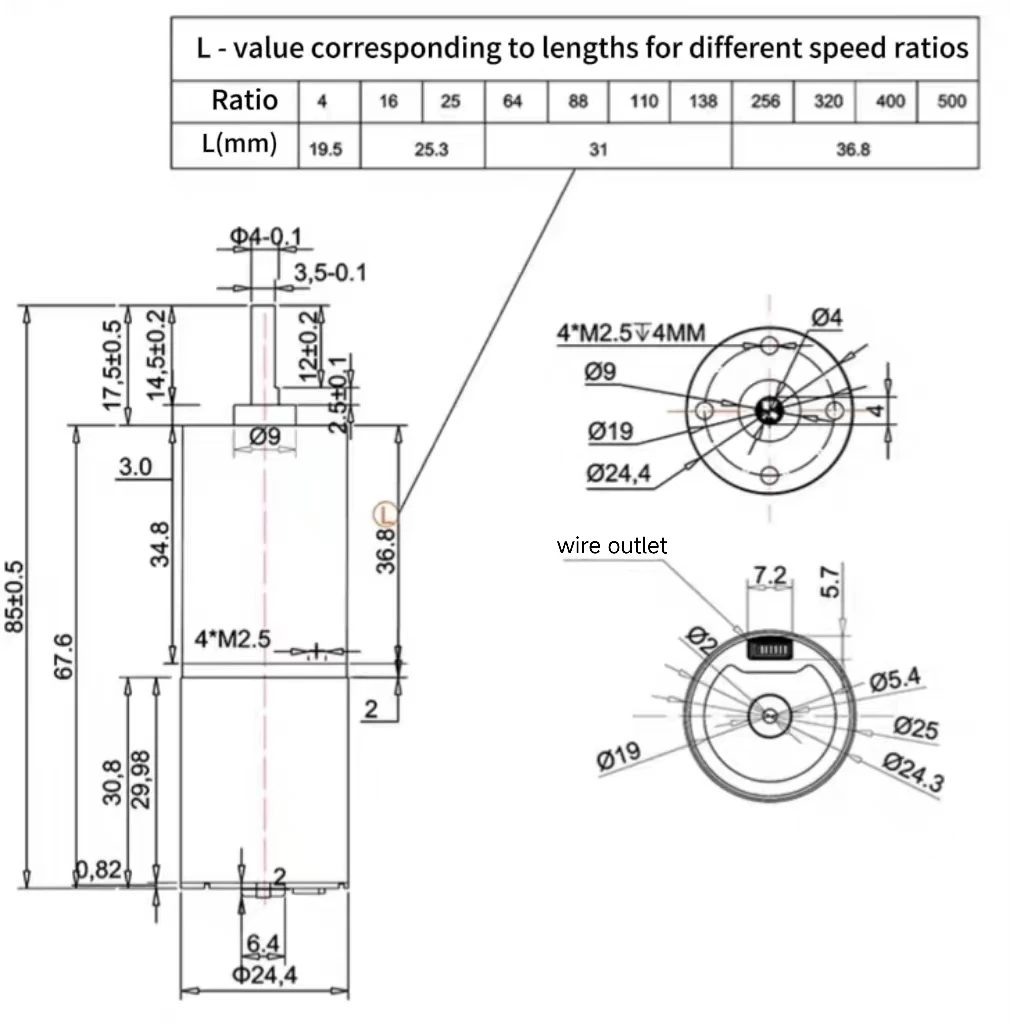 24mm brushless planetary gear motor model tsl ga24y 2430 drawing
