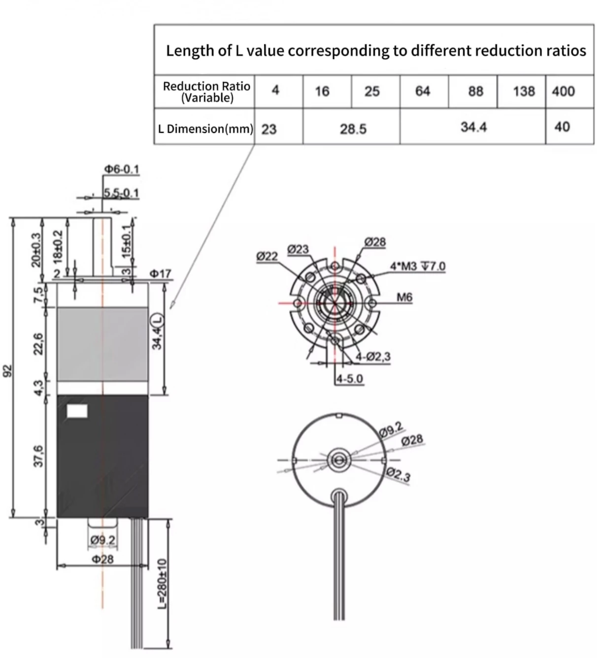 28mm brushless dc planetary motor tsl ga28 2838 ce drawing