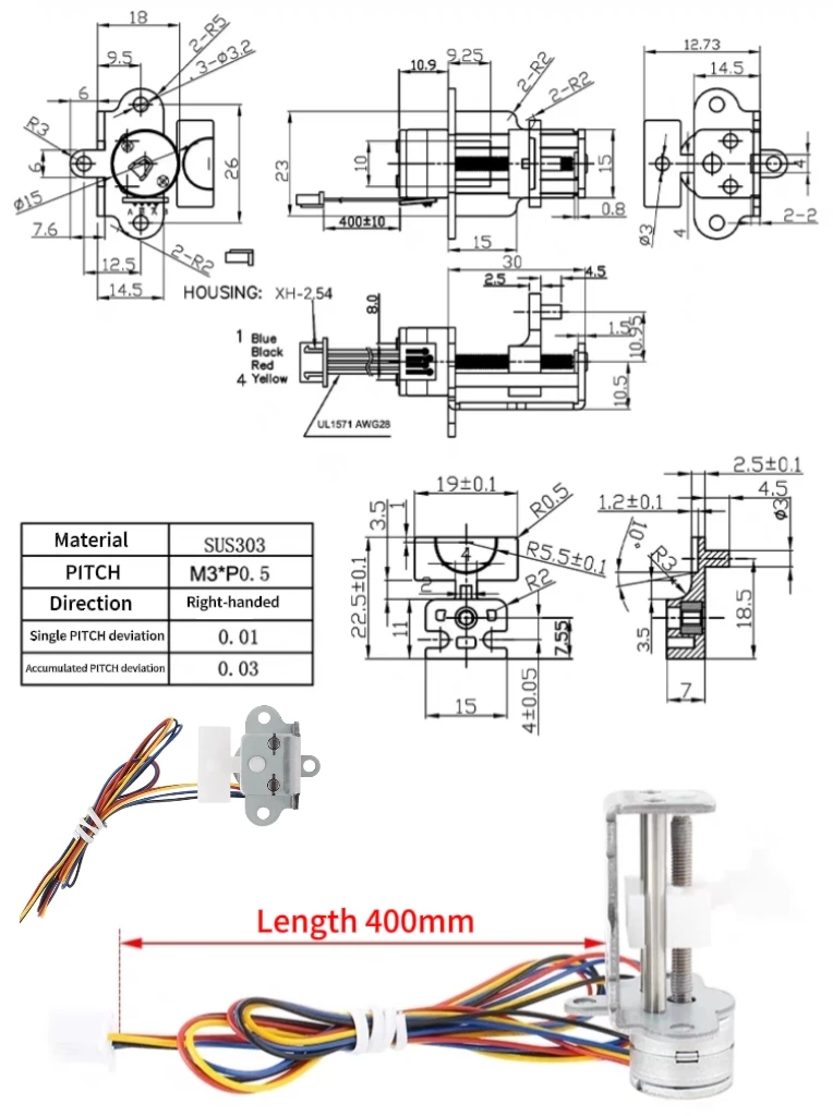 6v 2 phase 4 wire stepper motor linear actuator tsl sm1519 drawing