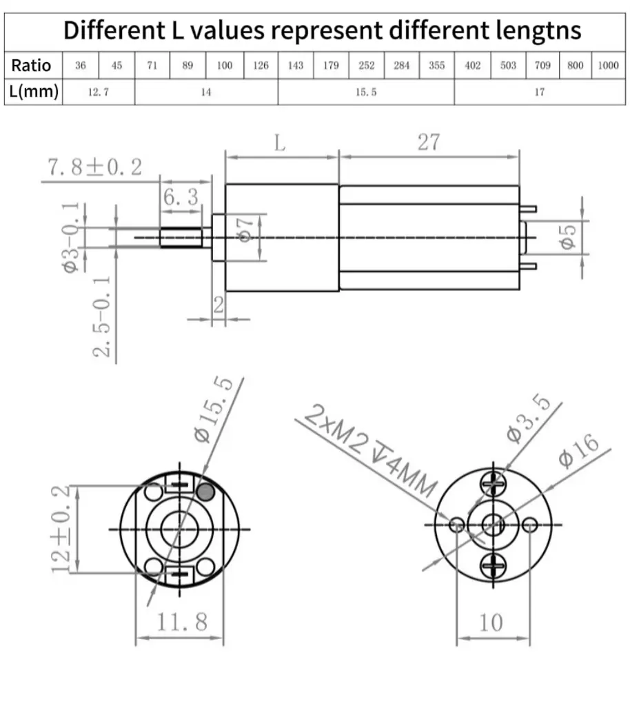 12v dc gear motor model tsl ga16 050 outline drawing