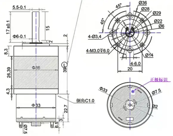 36mm dc gearbox motor model tsl 36gp 520 outline drawing1