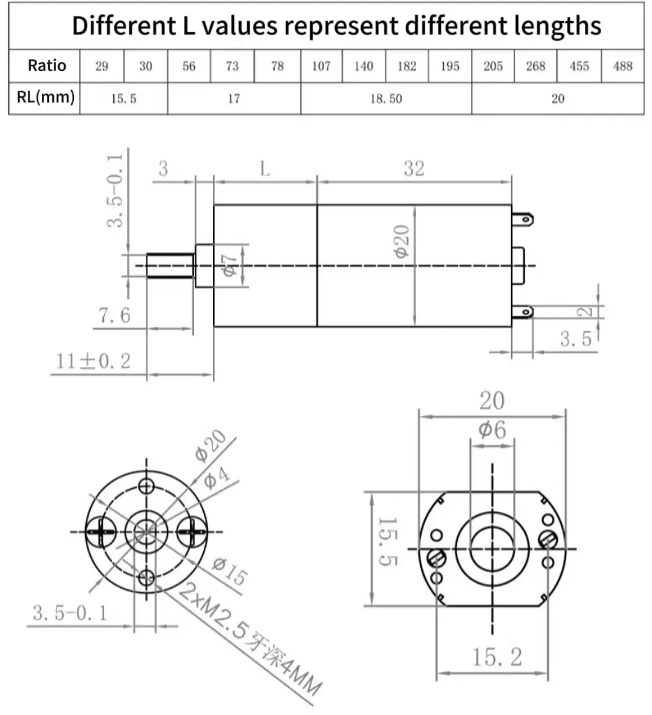 dc motor gear motor model tsl gm20 180 drawing