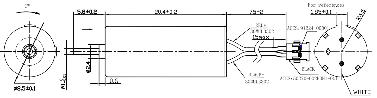 dc small rotary motor 20mm tsl cl0820 drawing
