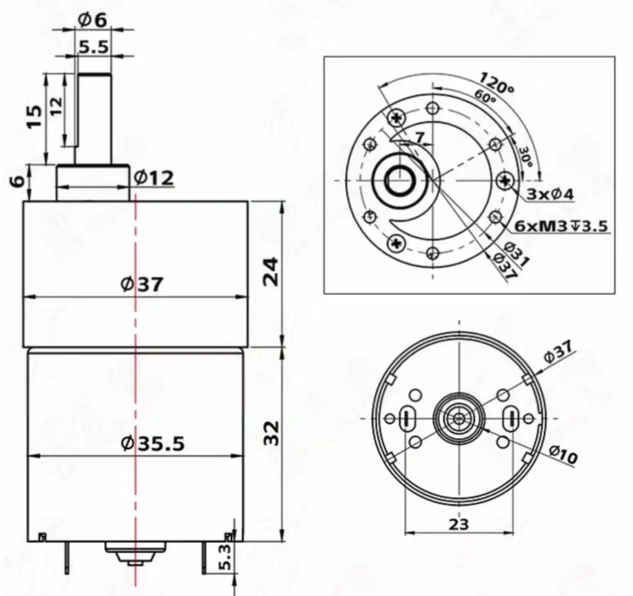 high torque dc motor tsl gm37 3632 outline drawing