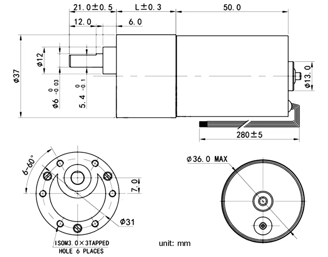 geared brushless motor tsl jgb37 bl3650 drawing