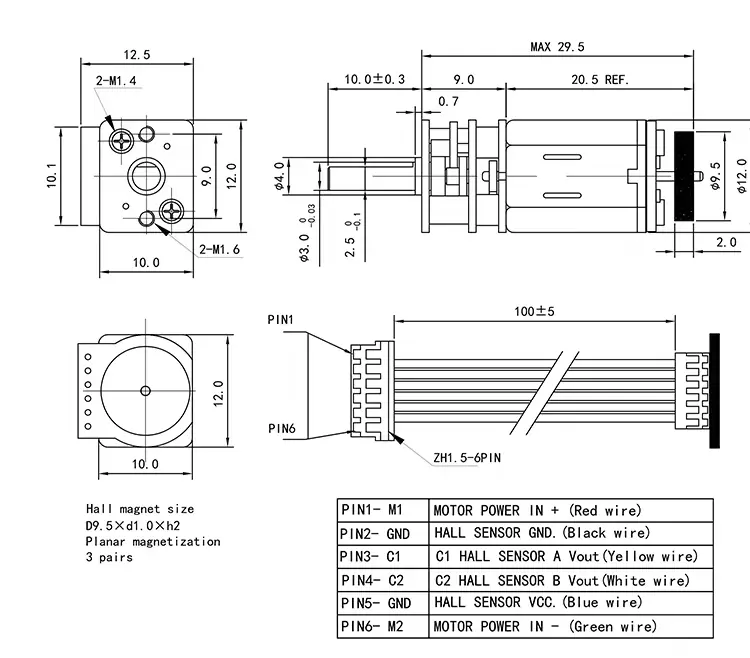 12v dc gear motor with encoder n20 abhl outline drawing