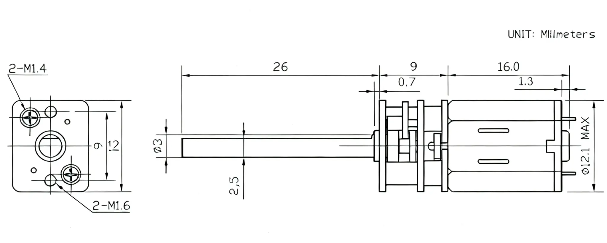 12v dc motor long shaft gm12 n20va 26d drawing