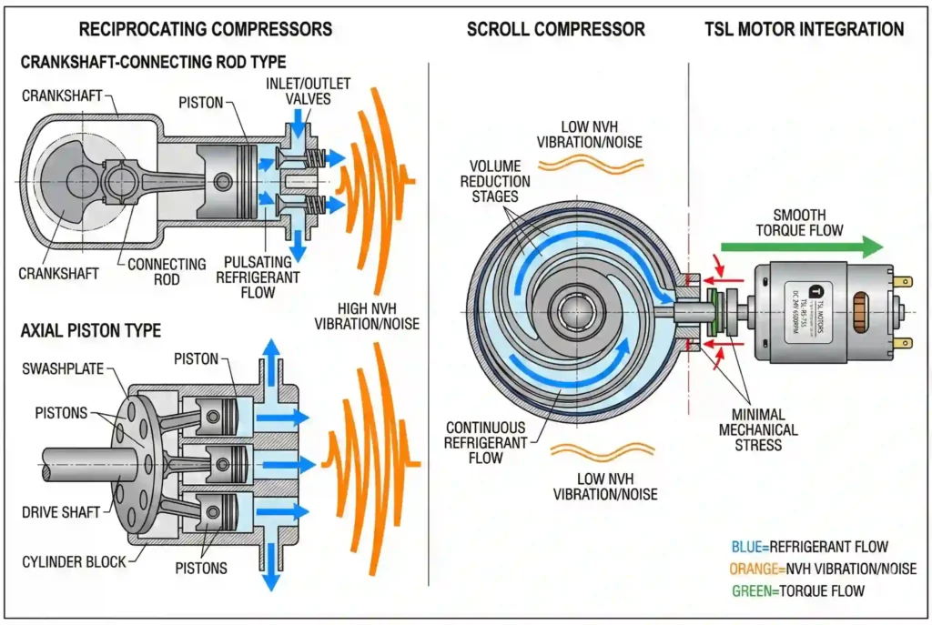 Reciprocating vs Scroll Compressor TSL MOTOR Integration Comparison