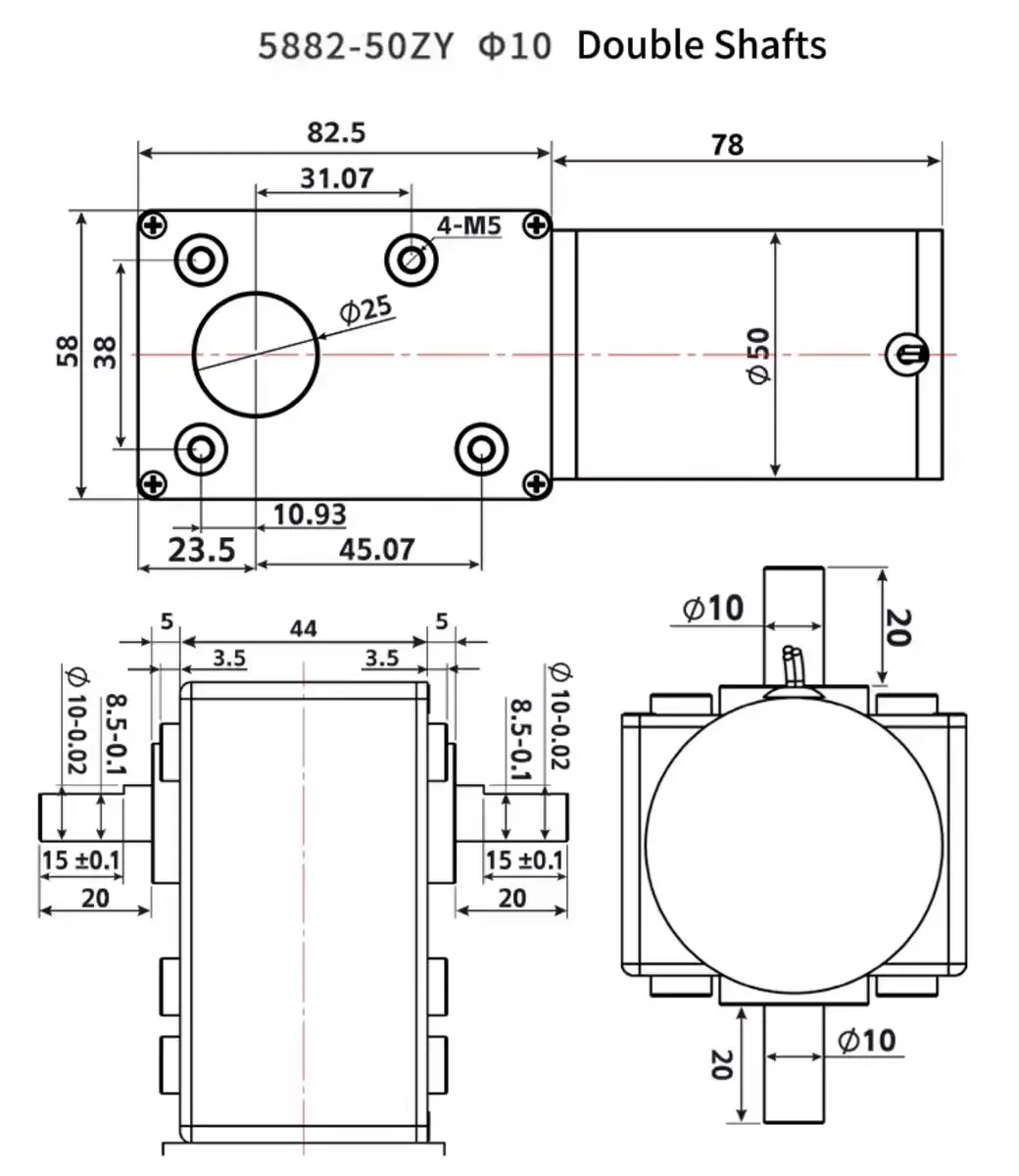 worm gear motor 12v high torque tsl 5882gw 50zy​ double shafts drawing