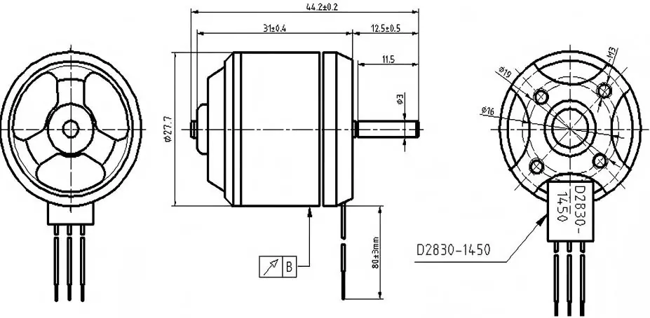 brushless drone electric motor technical drawing D2830