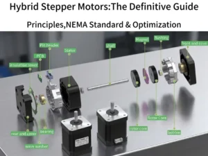 Exploded view of a hybrid stepper motor showing internal components like stator, rotor core, and magnet for industrial automation