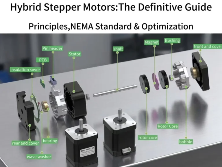 Exploded view of a hybrid stepper motor showing internal components like stator, rotor core, and magnet for industrial automation