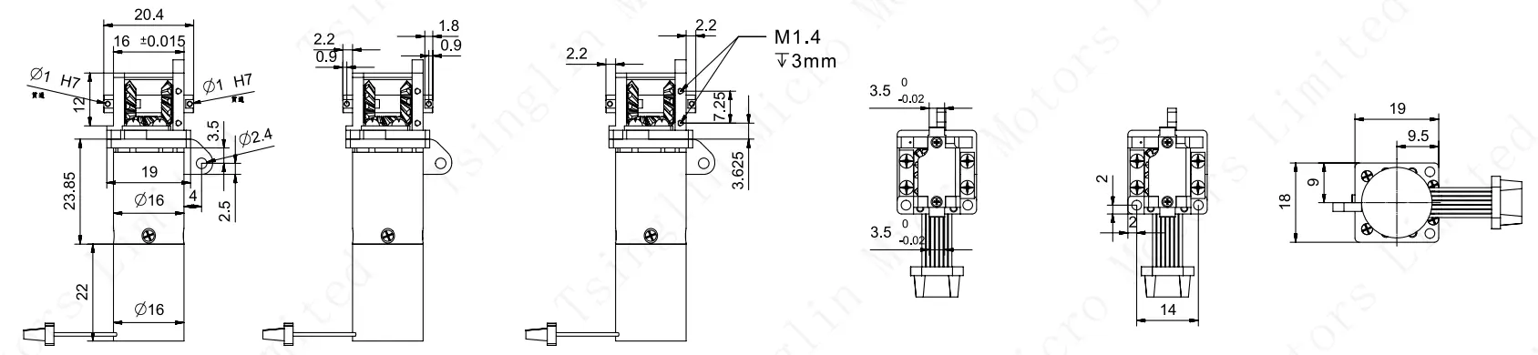 micro dc bevel gear motor dimensions specifications Dimensional drawing and performance specifications of the micro dc bevel gear motor module, showing a 16mm planetary gearbox and bevel gear output