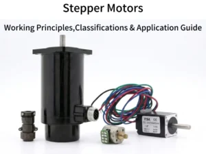 A collection of different stepper motor types including a large industrial hybrid motor, a small permanent magnet motor, and a standard NEMA stepper motor with wiring
