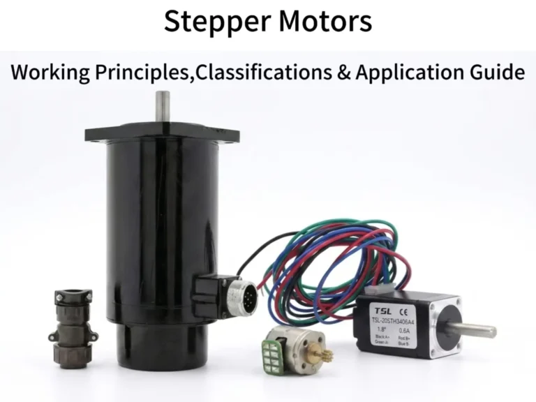 A collection of different stepper motor types including a large industrial hybrid motor, a small permanent magnet motor, and a standard NEMA stepper motor with wiring