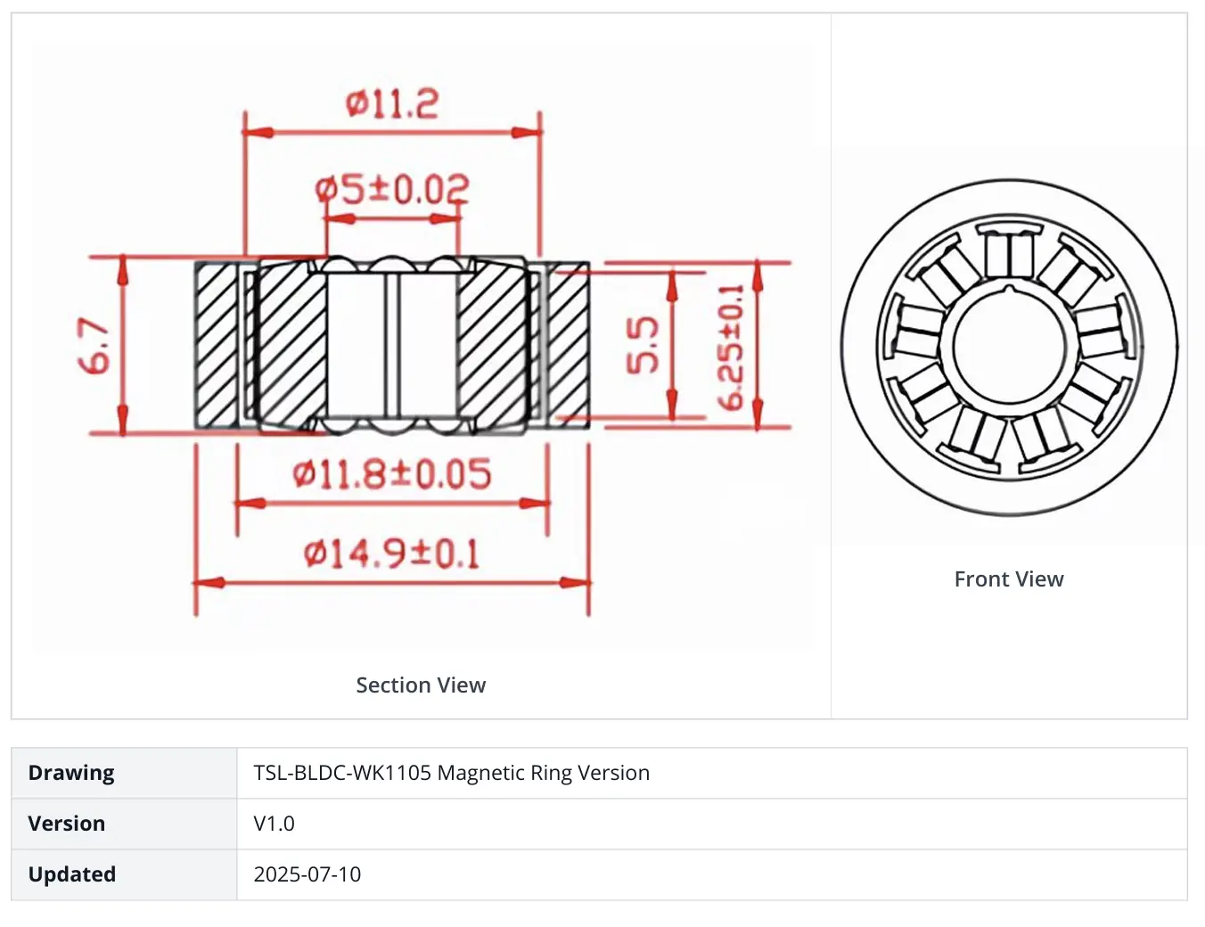 Technical drawing and dimensions of the 15mm outer rotor Frameless BLDC Motor (TSL-BLDC-WK1105), showing stator and rotor cross-section