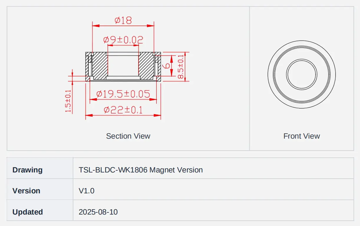tsl bldc wk1806 frameless outrunner torque motor dimension drawing 2D mechanical dimension drawing of the TSL-BLDC-WK1806 frameless torque motor with cross-section view