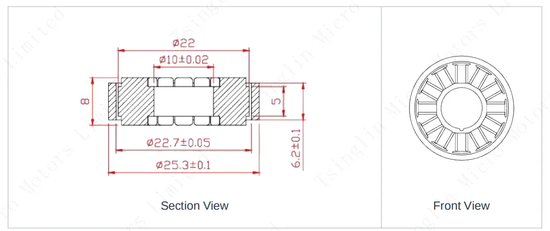 Technical size specifications drawing of the TSL-BLDC-WK2205CH magnetic ring version torque motor