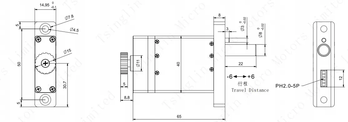 TSL SAG-1565 foldback linear actuator motor parameters and dimensions drawing
