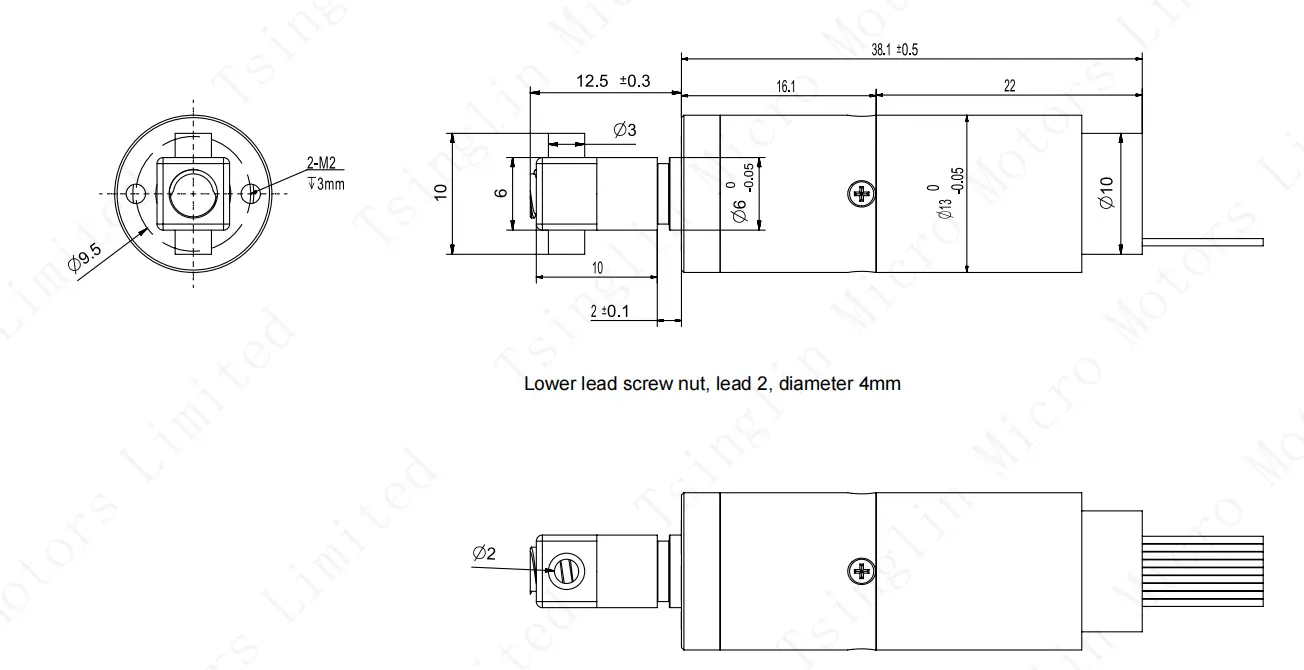 Technical drawing and dimensions of the 13mm 12V micro linear actuator