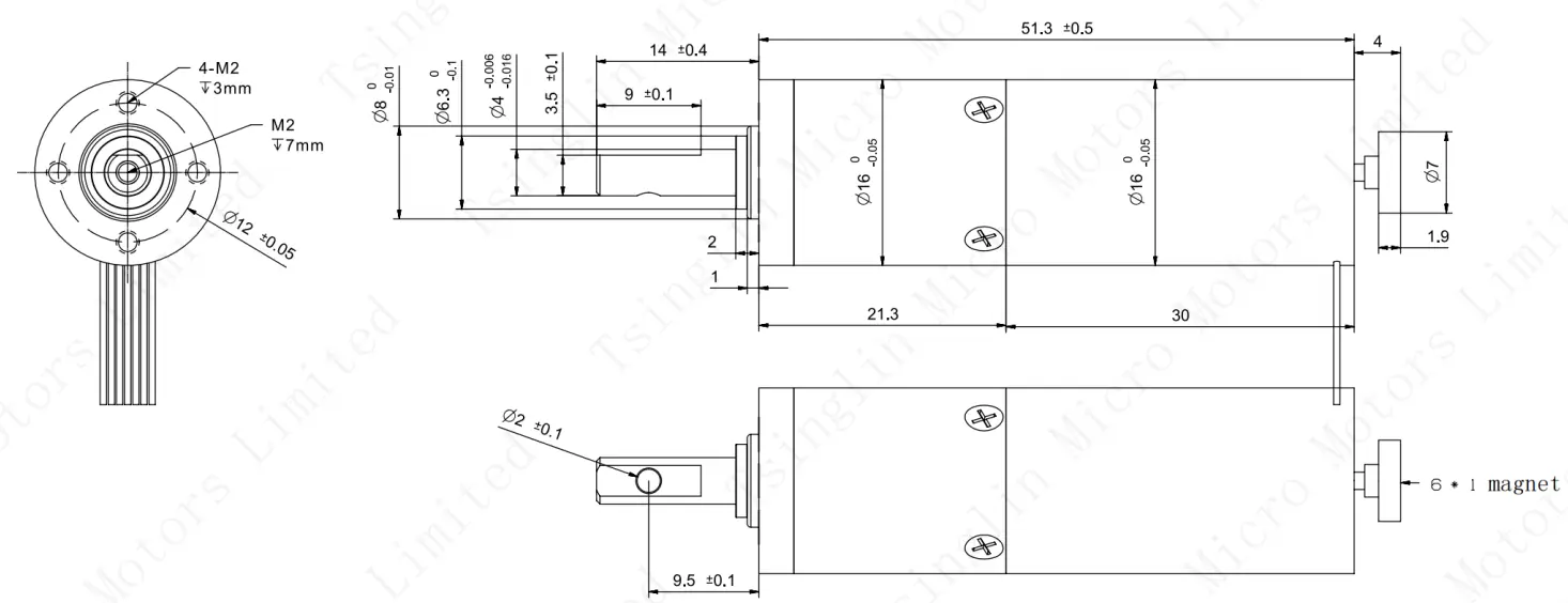 Technical dimensional drawing and wiring diagram for TSL-PG16K84-KW1630 16mm DC gear motor 16mm dc gear motor dimensions drawing tsl pg16k84 kw1630