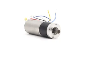 Front isometric view of a 24V DC planetary gear motor showing the output D-shaft and mounting face
