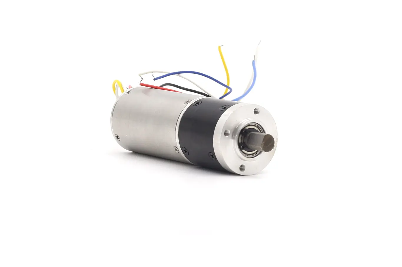 Front isometric view of a 24V DC planetary gear motor showing the output D-shaft and mounting face