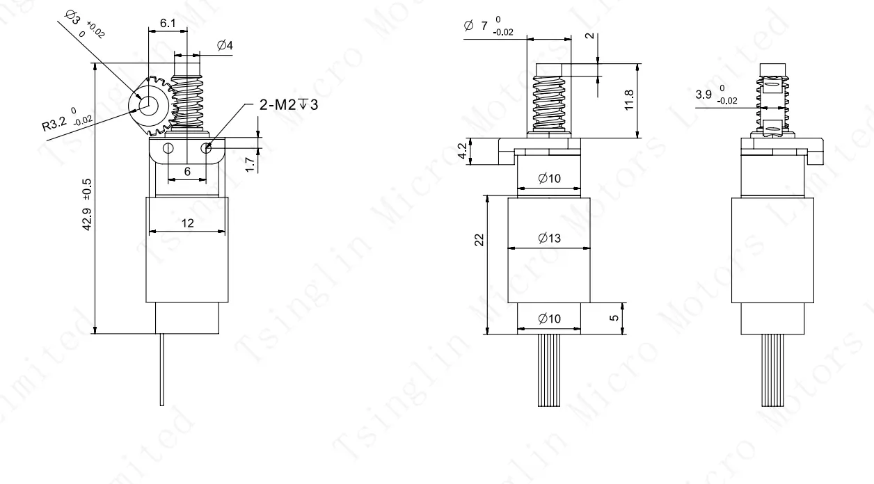 2D technical dimensional drawing of the mini worm gear motor specifying a 10mm gearbox and 13mm motor diameter.