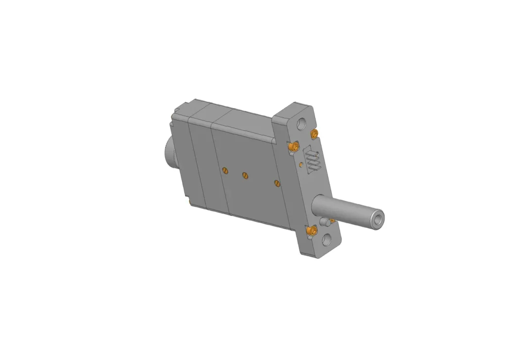3D rendering of SAG-1565-END high-force miniature linear actuator featuring a 4-pin connector and mounting flange