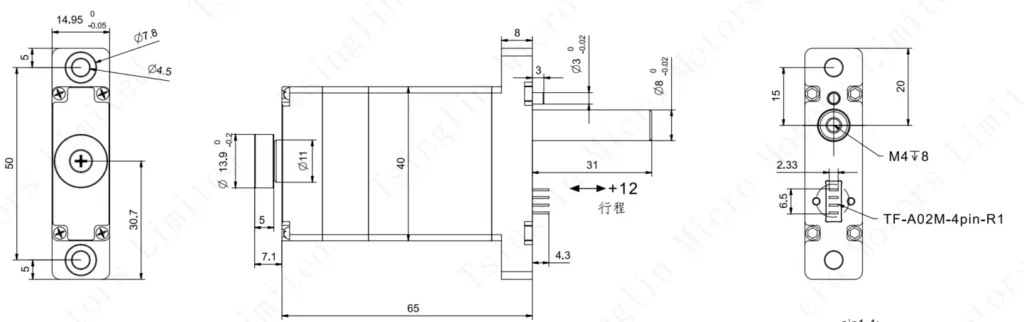 Technical dimension drawing of SAG-1565-END high force linear actuator indicating 12mm stroke, 65mm body length, and TF-A02M-4pin-R1 terminal connector