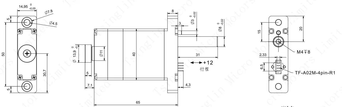 Technical dimension drawing of SAG-1565-END high force linear actuator indicating 12mm stroke, 65mm body length, and TF-A02M-4pin-R1 terminal connector