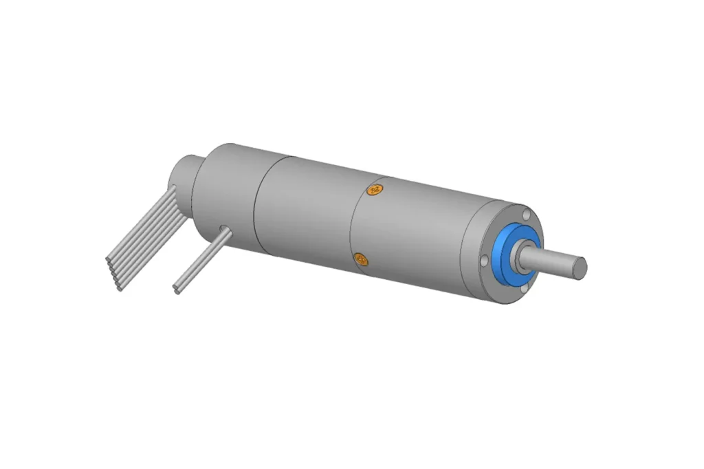 3D render of TSL 13mm mini planetary geared electric motor with encoder wires and stainless steel output shaft