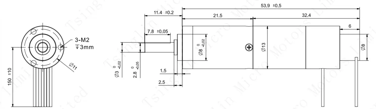 Technical dimension drawing and mechanical blueprint of TSL 13mm mini planetary geared electric motor