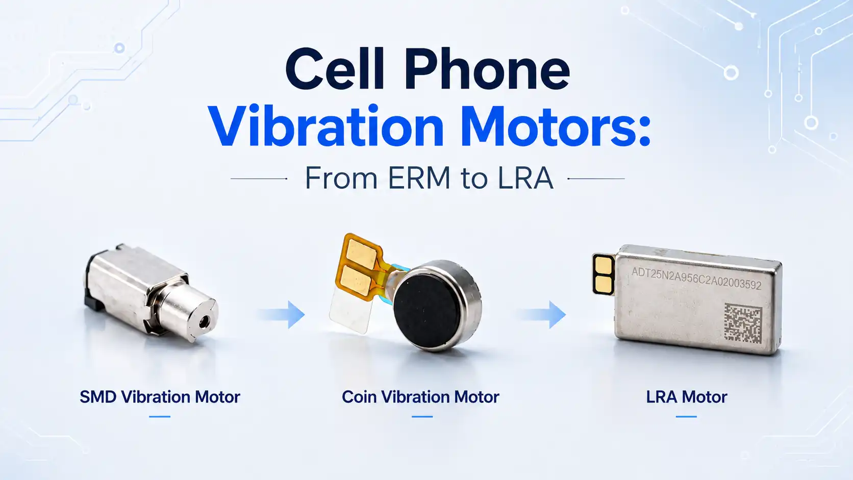 Cell phone vibration motors from ERM to LRA, including SMD vibration motor, coin vibration motor, and LRA motor.