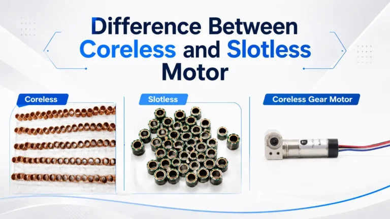 Comparison image showing coreless winding, slotless motor winding, and a coreless gear motor under the title "Difference Between Coreless and Slotless Motor".