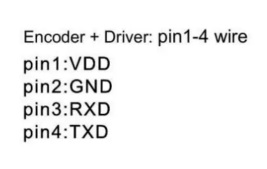 Pinout diagram text for the mini servo motor integrated encoder and driver specifying VDD, GND, RXD, and TXD connections.