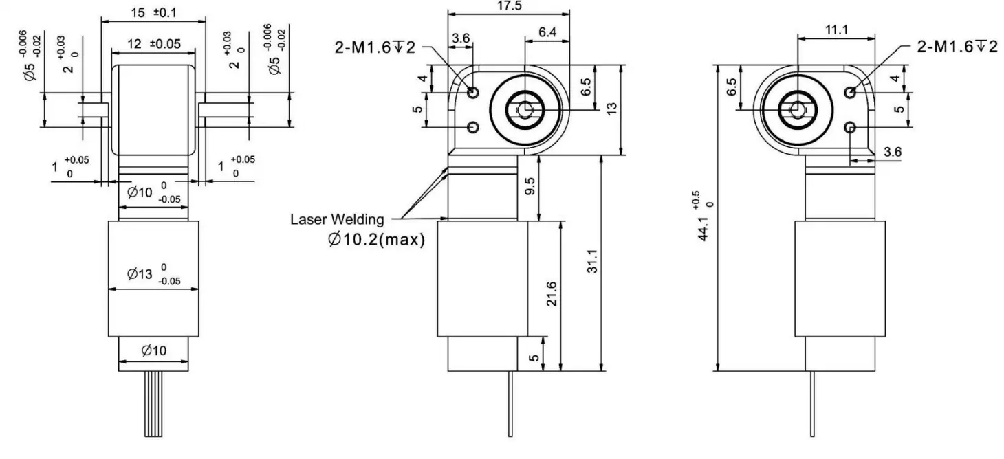 Technical engineering blueprint displaying the exact dimensions, laser welding points, and mounting hole locations for the mini servo motor