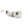 Angled front view of a 12V mini servo motor featuring a stainless steel right-angle worm gearbox housing and a 4-wire connection cable