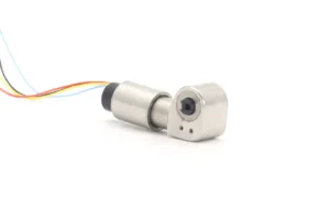 Angled front view of a 12V mini servo motor featuring a stainless steel right-angle worm gearbox housing and a 4-wire connection cable