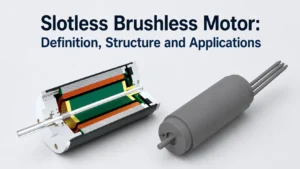 3D cross-section and full view of a slotless brushless motor, showcasing the coreless structure used in robotics and precision applications