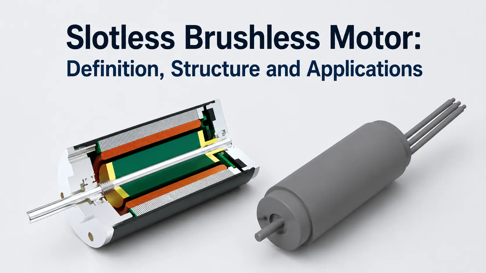3D cross-section and full view of a slotless brushless motor, showcasing the coreless structure used in robotics and precision applications