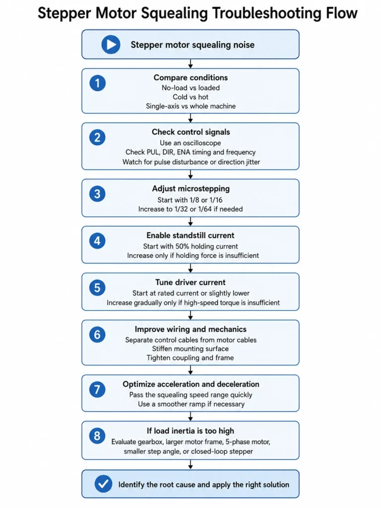 Stepper motor squealing troubleshooting flowchart showing steps to check load, signals, microstepping, current, wiring, acceleration, and load inertia.