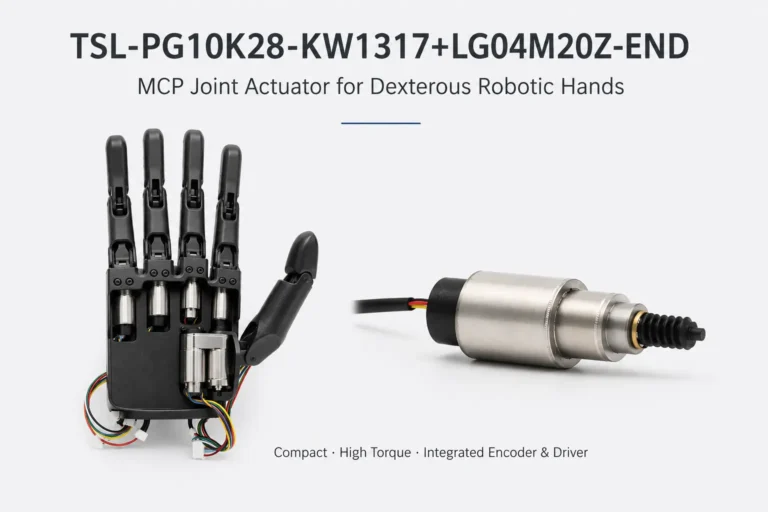 TSL-PG10K28-KW1317+LG04M20Z-END MCP joint actuator shown standalone and integrated inside a robotic dexterous hand